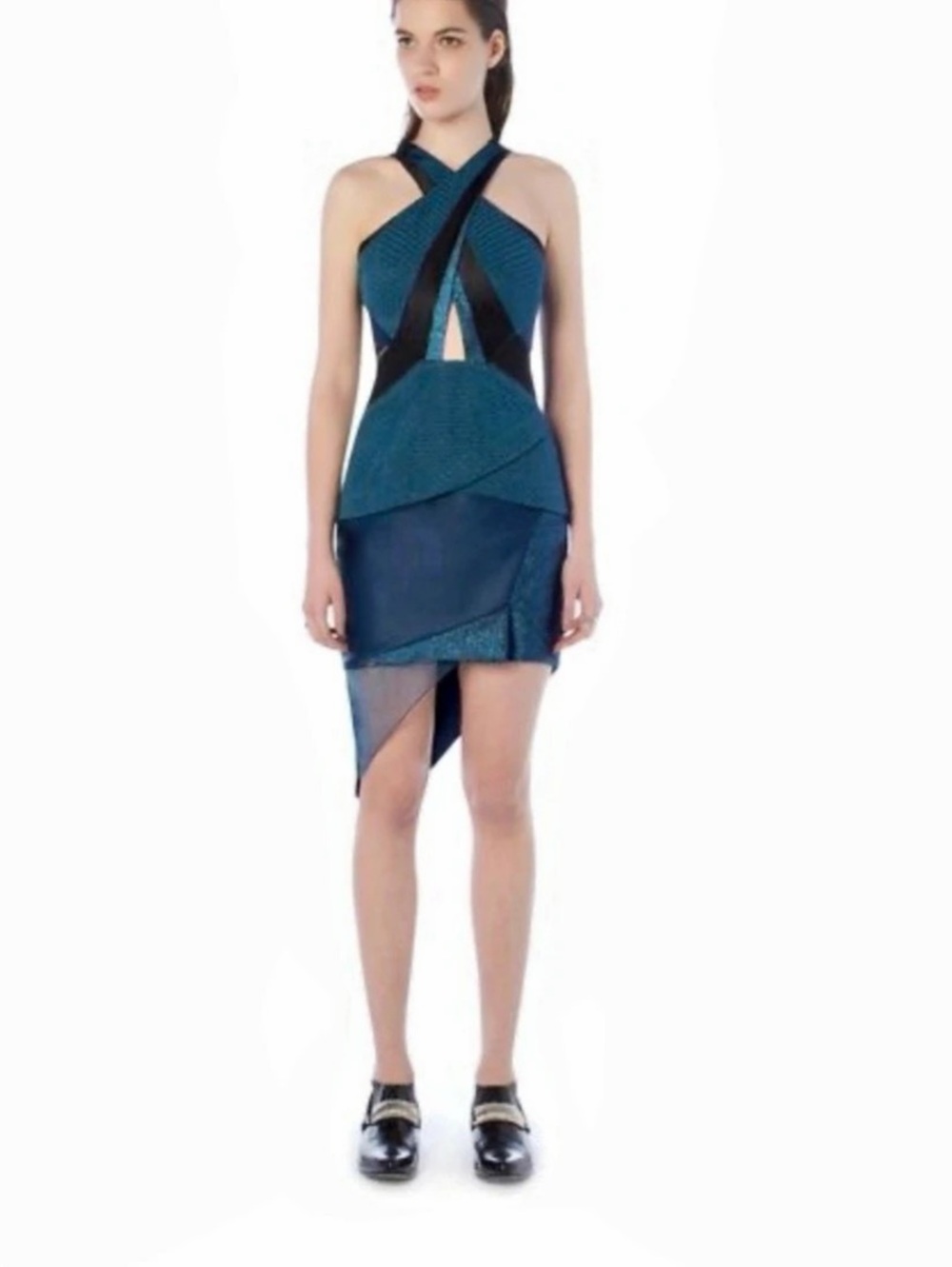 Three Floor Analemma Geometric Halter Dress Color Block Mini Dress Blue & Black8